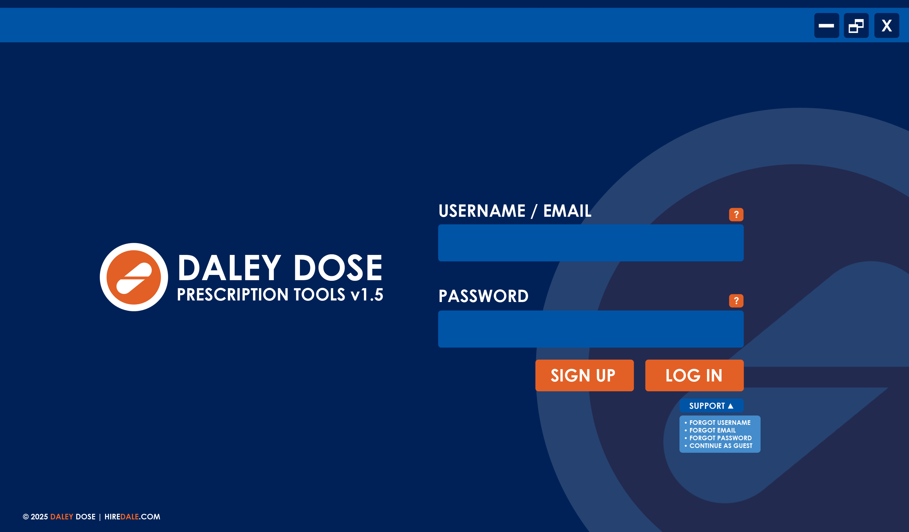 User Interface login screen